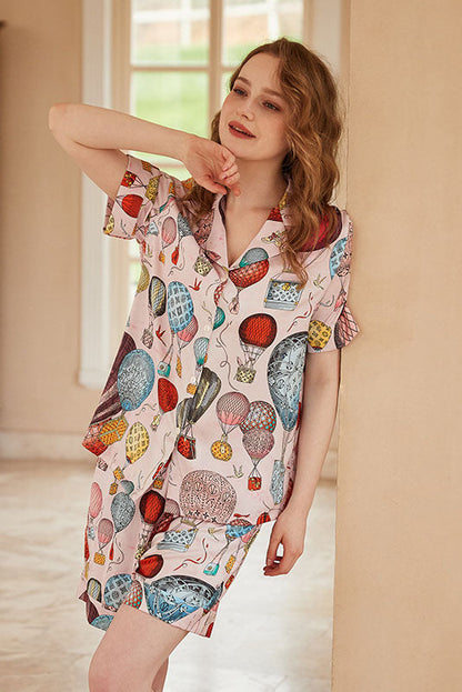 Amora™ Sıcak Hava Balonu Desenli Önü Açık Kısa Kollu Pijama Takımı