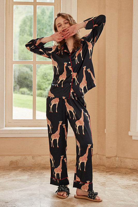 Amora™ Siyah Zürafa Desenli Uzun Kollu Pijama Takımı