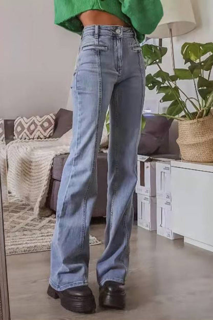 Amora™ Retro Orta Bel Geniş Paça Kot Pantolon