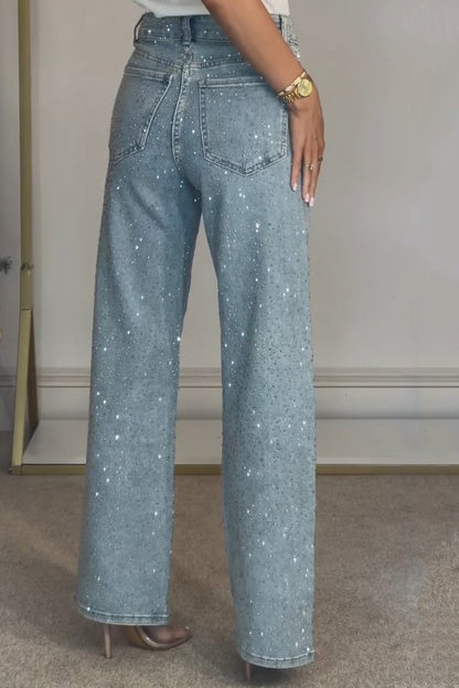Amora™ Yüksek Bel Kristal Düz Paça Kot Pantolon