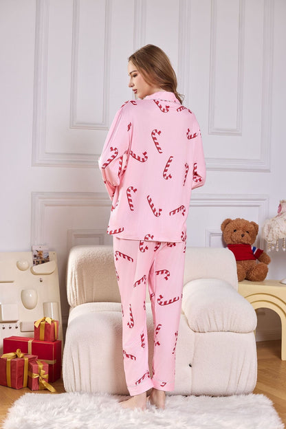Amora™ Pembe Şeker Kamışı Desenli Saten Uzun Pijama Takımı