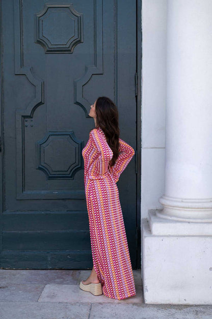 Amora™ Boho V Yaka Çan Kol Dalgalı Çizgili Tığ İşi Plaj Tatili Maxi Elbise