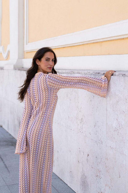 Amora™ Boho V Yaka Çan Kol Dalgalı Çizgili Tığ İşi Plaj Tatili Maxi Elbise