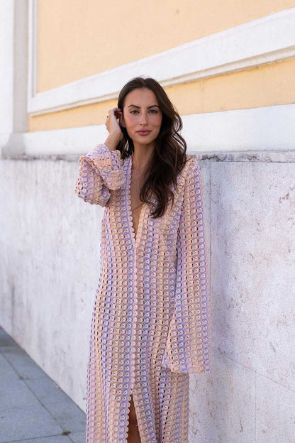 Amora™ Boho V Yaka Çan Kol Dalgalı Çizgili Tığ İşi Plaj Tatili Maxi Elbise