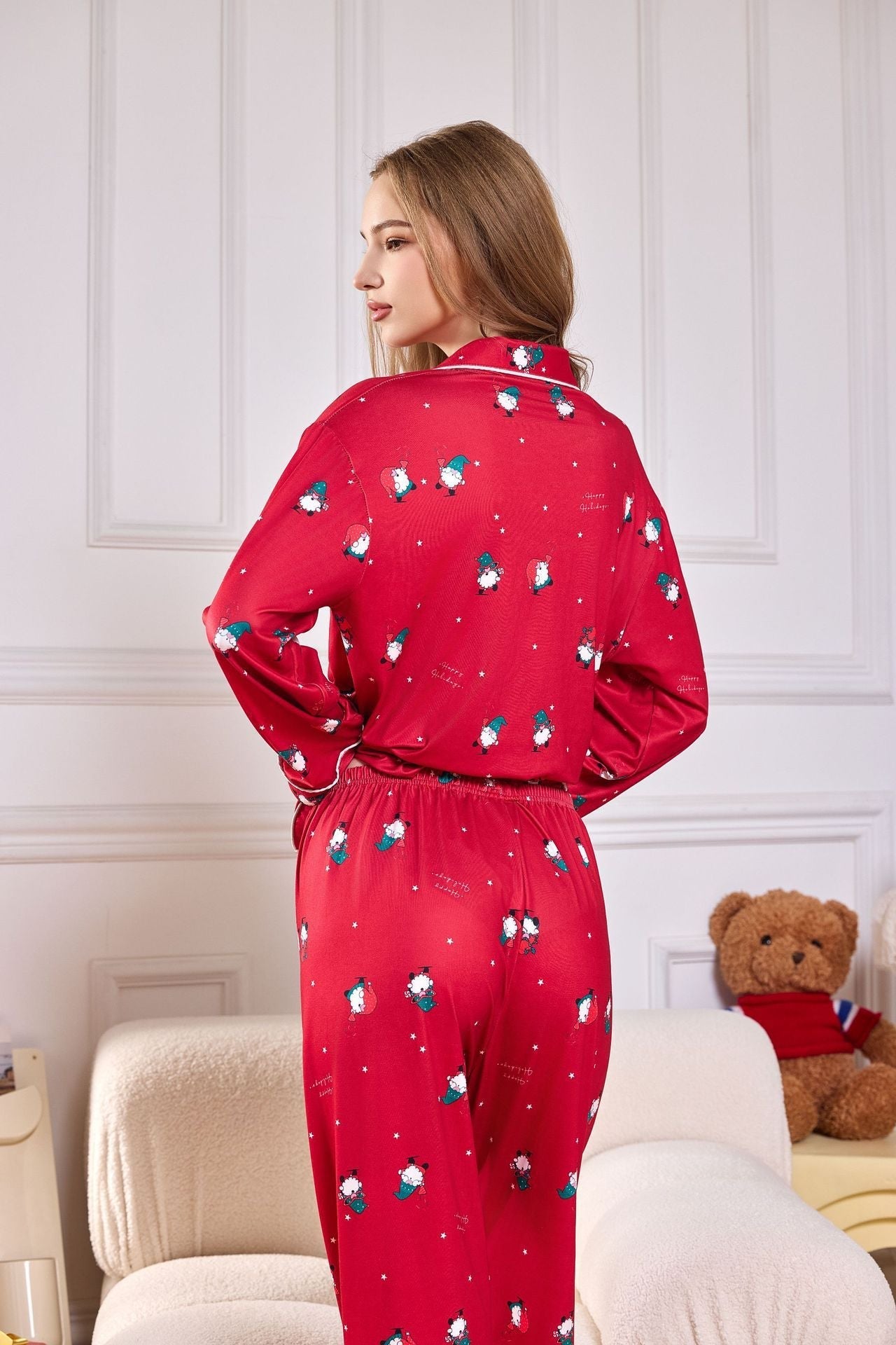 Amora™ Pembe Şeker Kamışı Desenli Saten Uzun Pijama Takımı