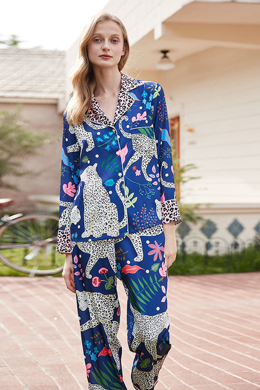 Amora™ Mavi Kar Leoparı Desenli Pijama Takımı