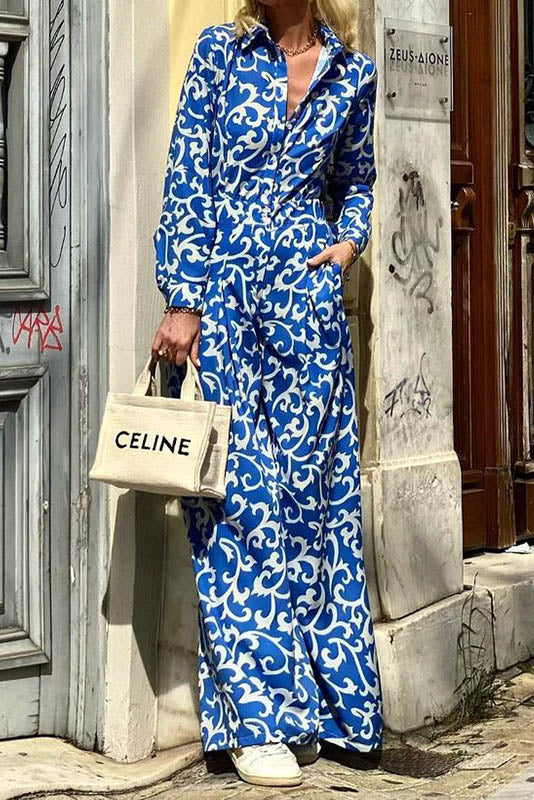 Amora™ Blue Vine Print Midi Jumpsuit