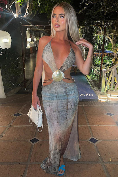 Amora™ Eve Halter Yaka Kabuk Kesim Uzun File Elbise