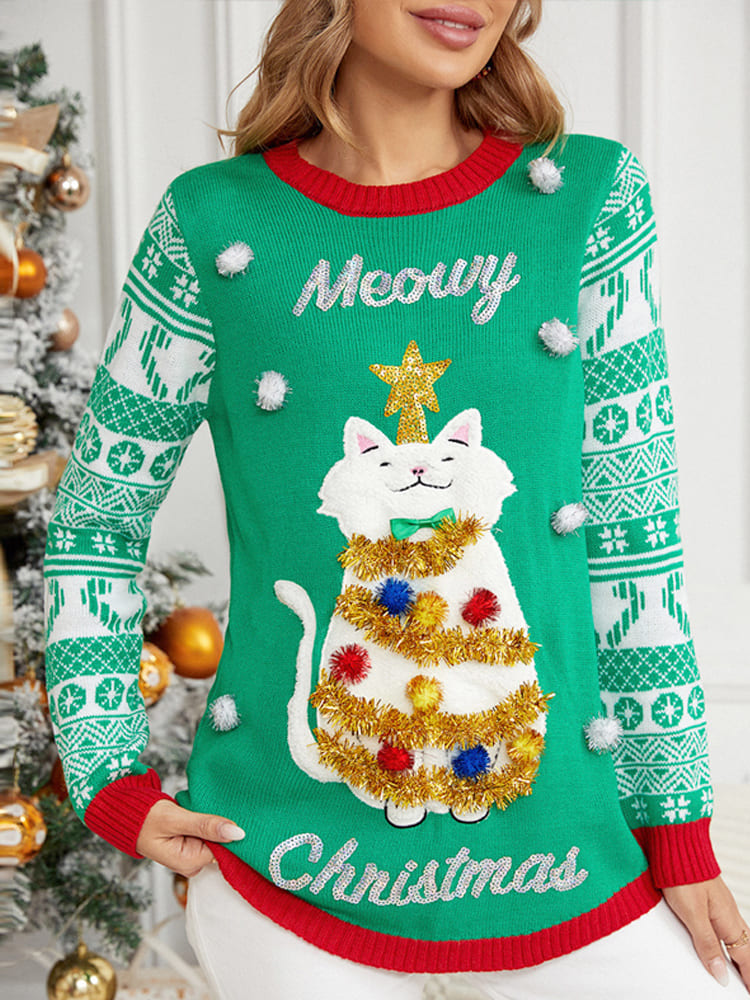 Amora™ Noel Uzun Kollu Kedi Aplikeli Yuvarlak Yaka Kazak
