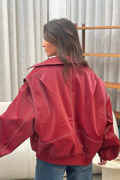 Amora™ Günlük Sokak Düz Renk Patchwork Fermuar Toplama Yaka Dış Giyim