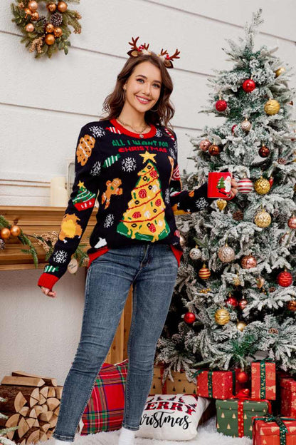 Amora™ Günlük Bisiklet Yaka İşlemeli Noel Ağacı Kazak