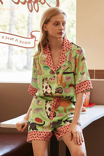 Amora™ Kahve Kedi Şort Pijama Takımı