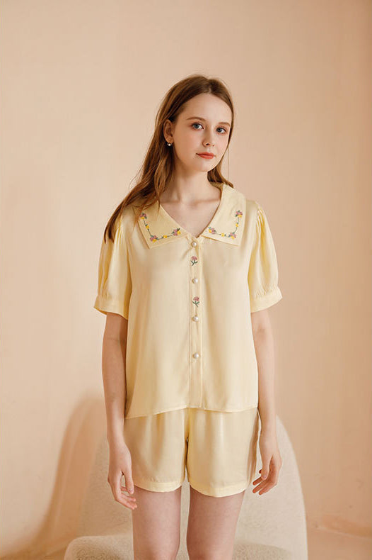 Amora™ Saten Gül Nakışlı Pijama Takımı