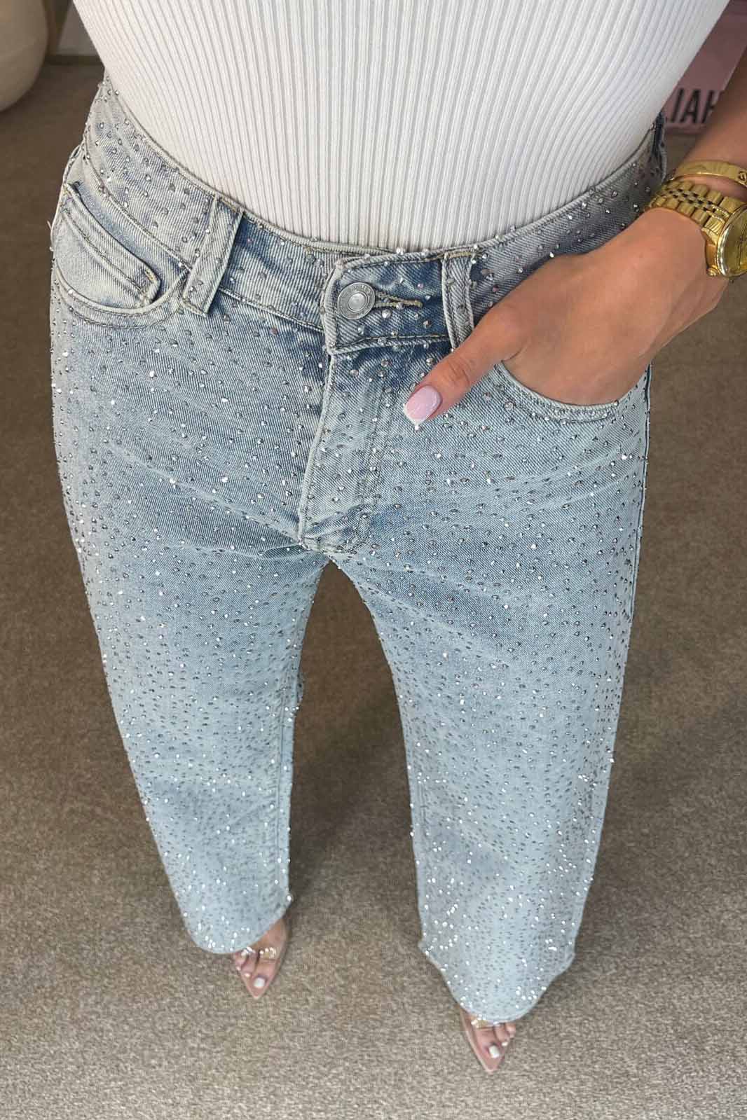 Amora™ Yüksek Bel Kristal Düz Paça Kot Pantolon