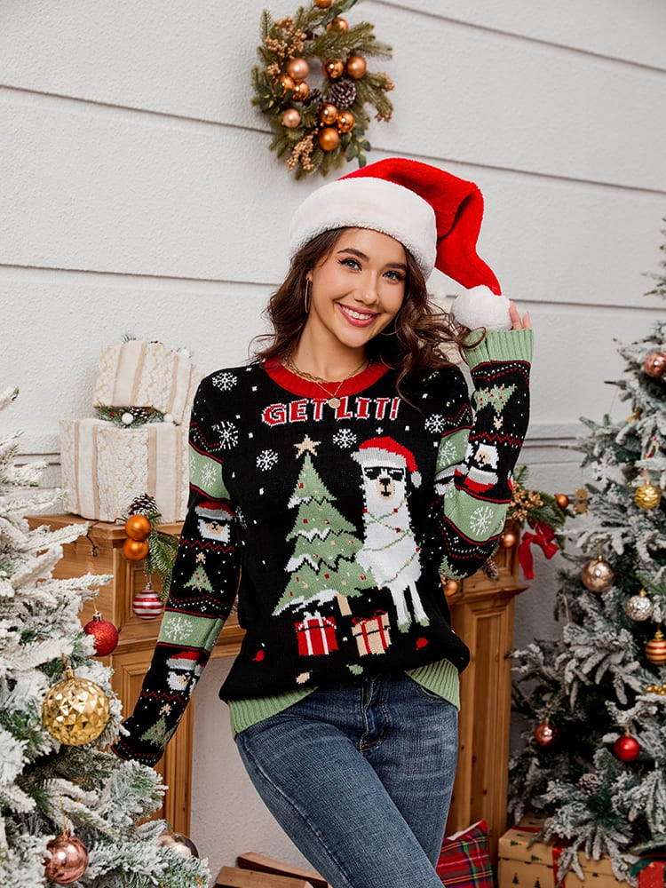 Amora™ Bisiklet Yaka İşlemeli Örgü Kazak – Alpaka ve Noel Ağacı