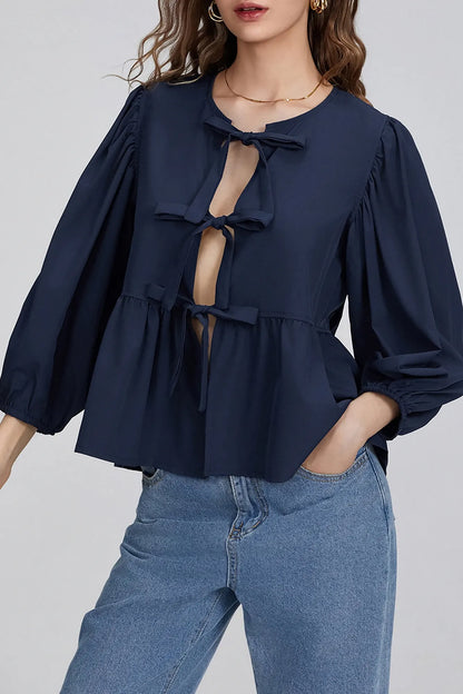 Amora™ Puf Kollu Peplum Papyon Bluz Üst