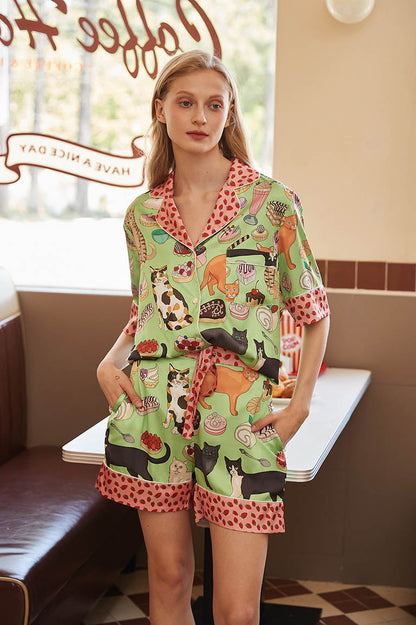 Amora™ Kahve Kedi Şort Pijama Takımı