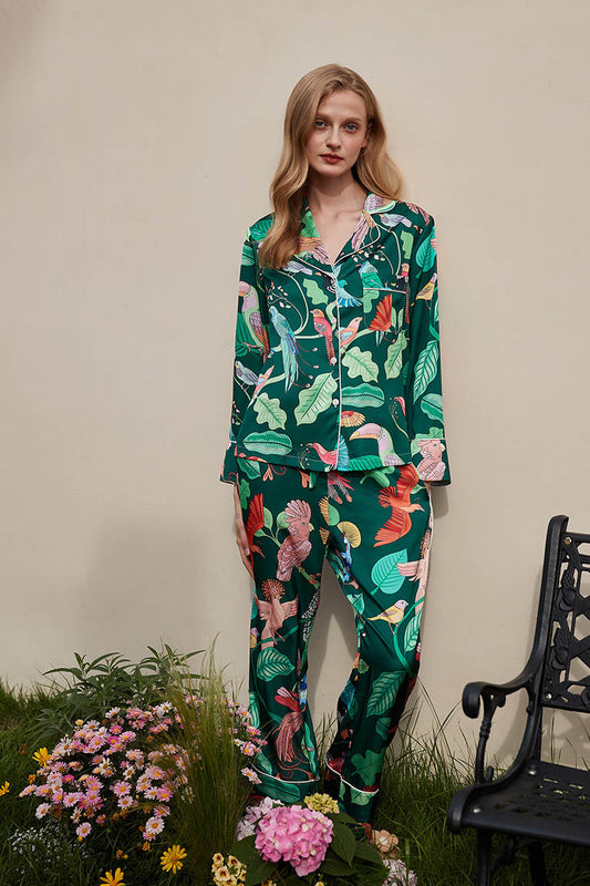 Amora™ Yeşil Papağan Desenli İpek Pijama Takımı