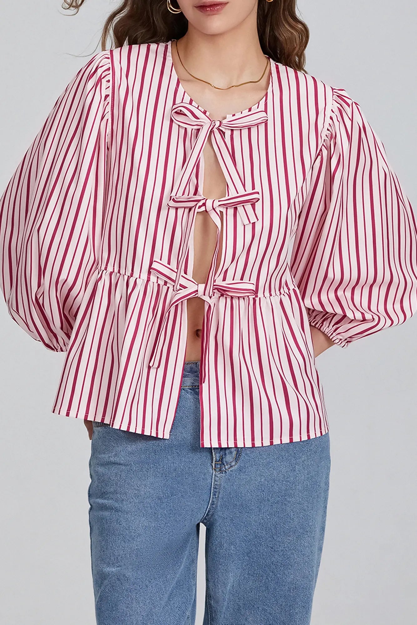 Amora™ Puf Kollu Peplum Papyon Bluz Üst