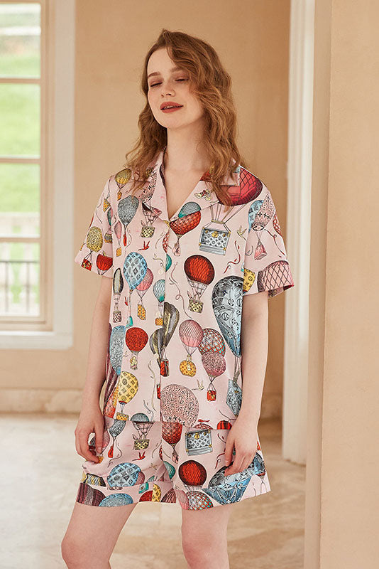 Amora™ Sıcak Hava Balonu Desenli Önü Açık Kısa Kollu Pijama Takımı