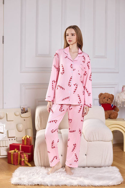 Amora™ Pembe Şeker Kamışı Desenli Saten Uzun Pijama Takımı