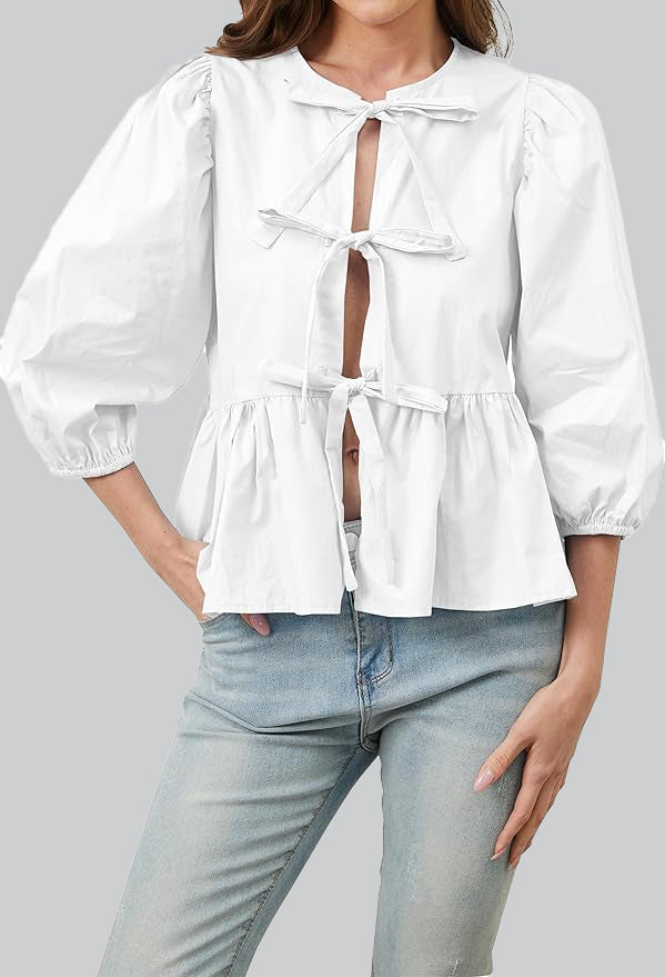 Amora™ Puf Kollu Peplum Papyon Bluz Üst