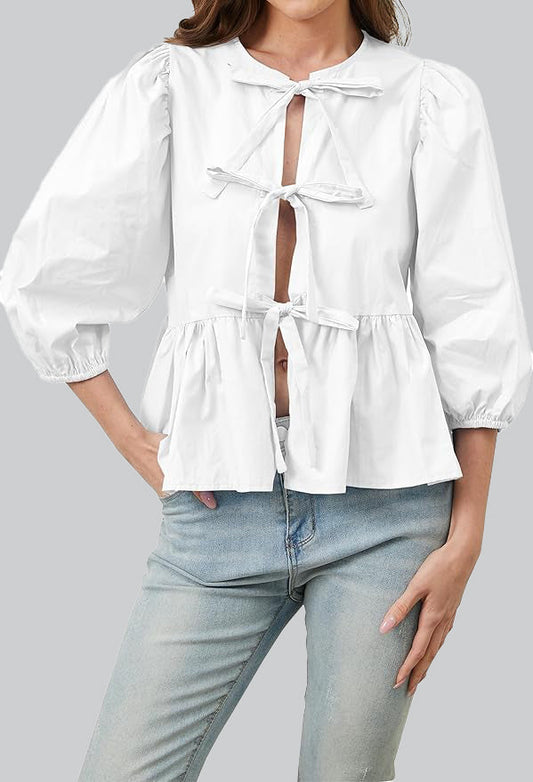 Amora™ Puf Kollu Peplum Papyon Bluz Üst