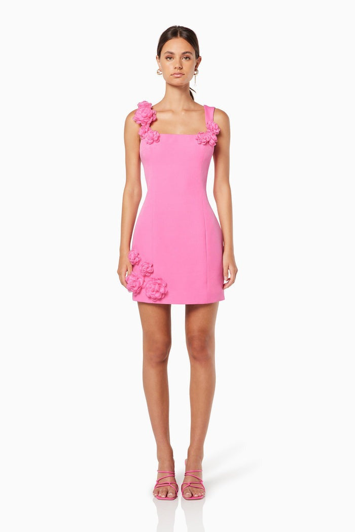 Amora™ Solid Color 3D Floral Strap Mini Dress