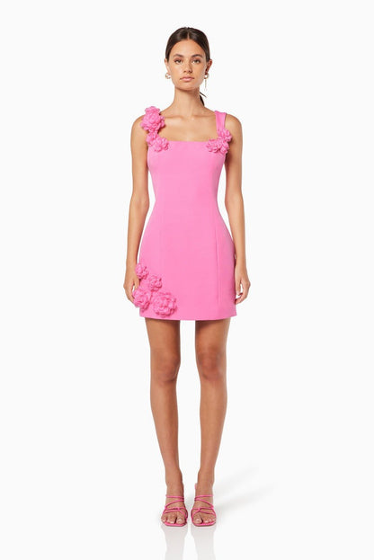 Amora™ Solid Color 3D Floral Strap Mini Dress