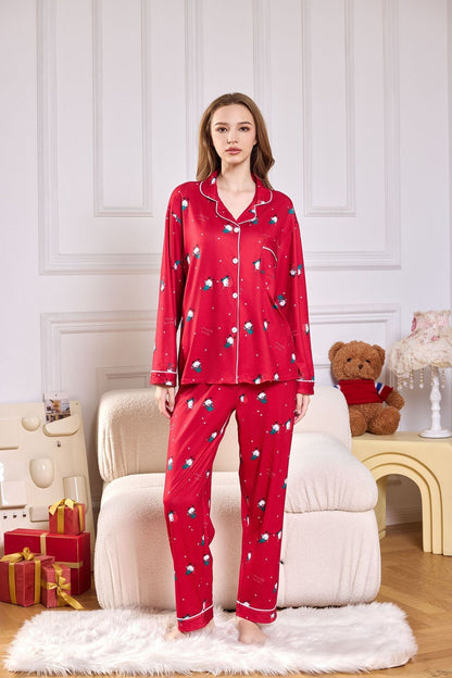 Amora™ Pembe Şeker Kamışı Desenli Saten Uzun Pijama Takımı