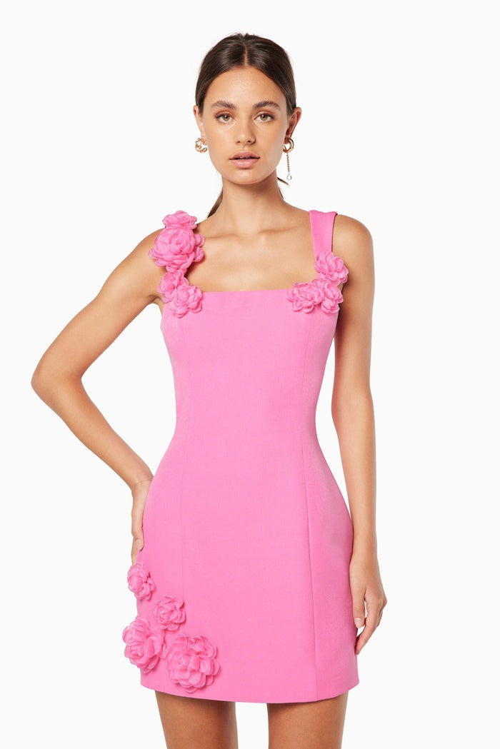 Amora™ Solid Color 3D Floral Strap Mini Dress