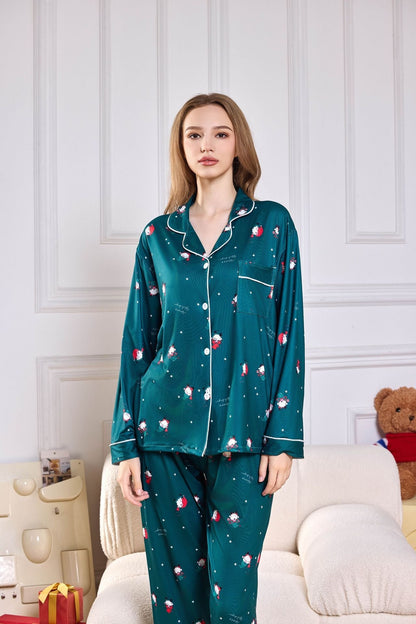 Amora™ Pembe Şeker Kamışı Desenli Saten Uzun Pijama Takımı