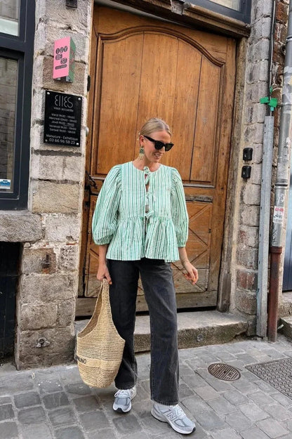Amora™ Yeşil Çizgili Puf Kol Peplum Fiyonklu Bluz Kısa Üst