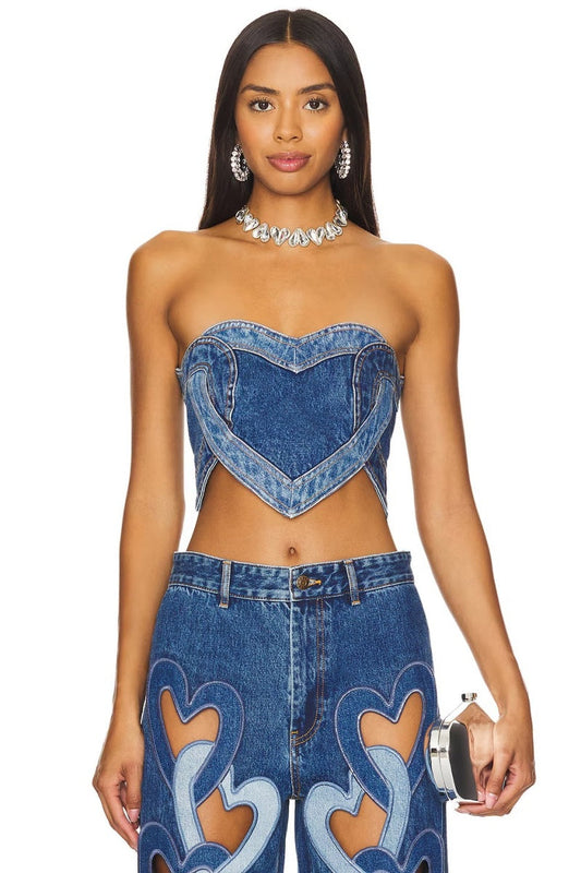 Amora™ Blue Loving Heart Stitching Sexy Denim Top