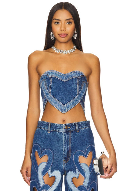 Amora™ Blue Loving Heart Stitching Sexy Denim Top