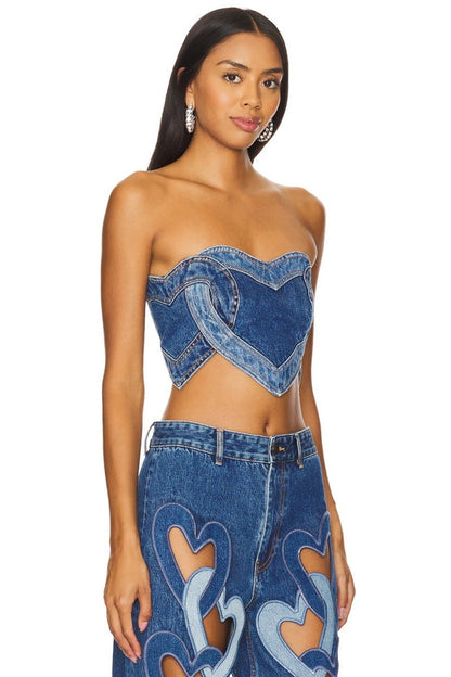 Amora™ Blue Loving Heart Stitching Sexy Denim Top