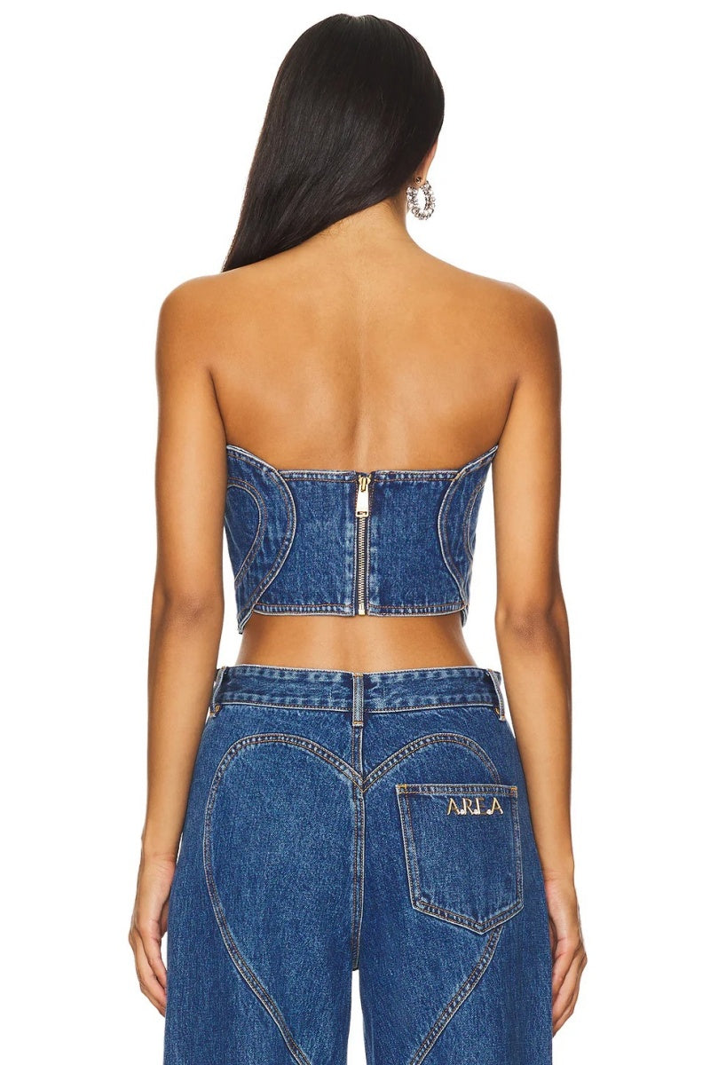 Amora™ Blue Loving Heart Stitching Sexy Denim Top