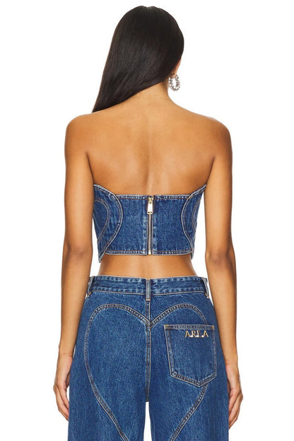 Amora™ Blue Loving Heart Stitching Sexy Denim Top