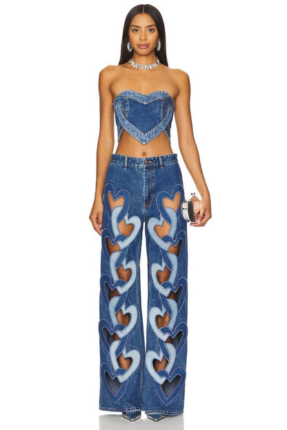 Amora™ Blue Loving Heart Stitching Sexy Denim Top