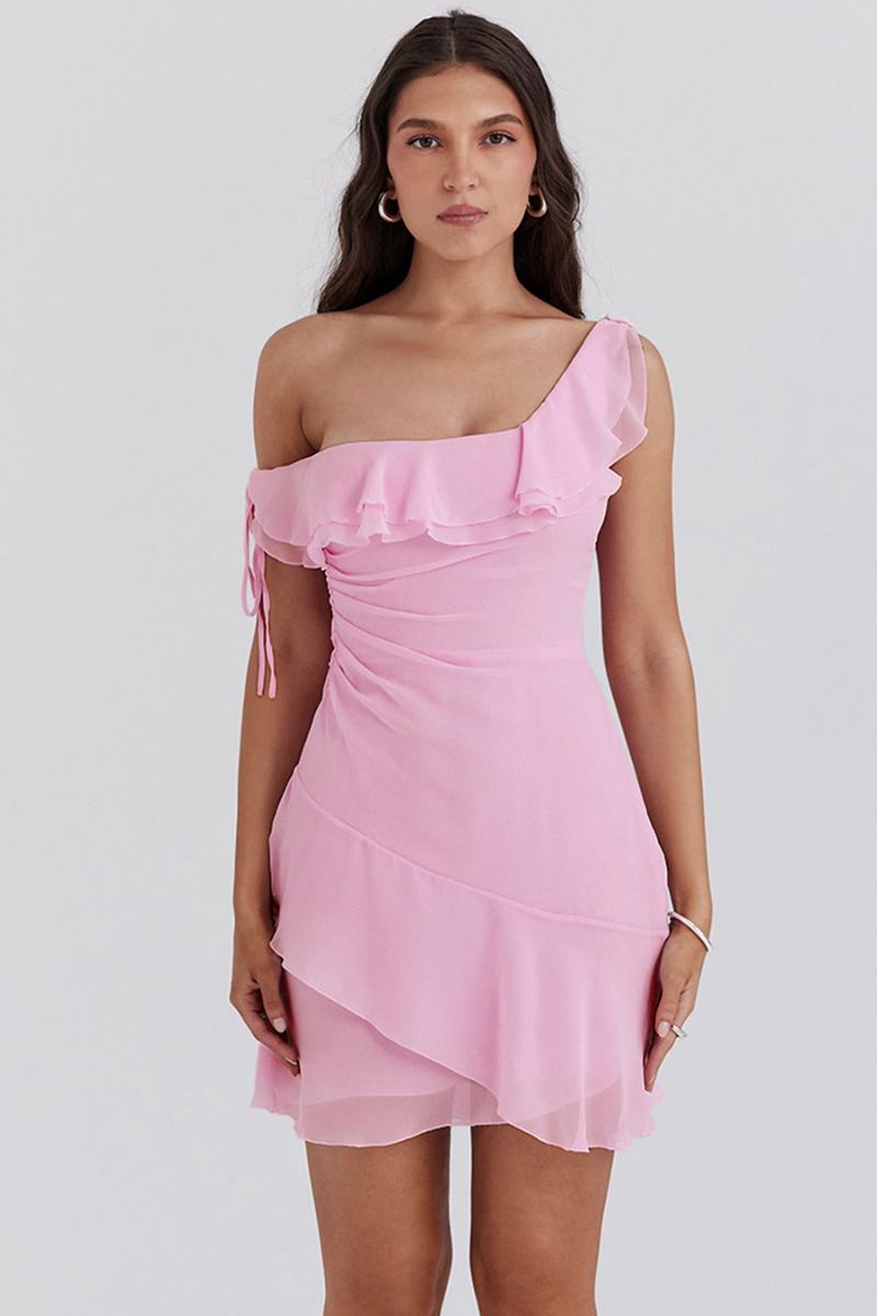Amora™ Anissa Tek Omuz Volanlı Mini Elbise