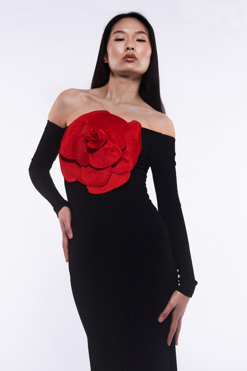 Amora™ Blandine Omuz Açık Çiçekli Uzun Elbise