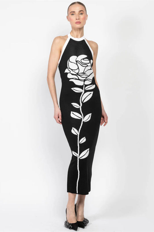 Amora™ Darlene Halter Çiçekli Açık Sırt Midi Örgü Elbise