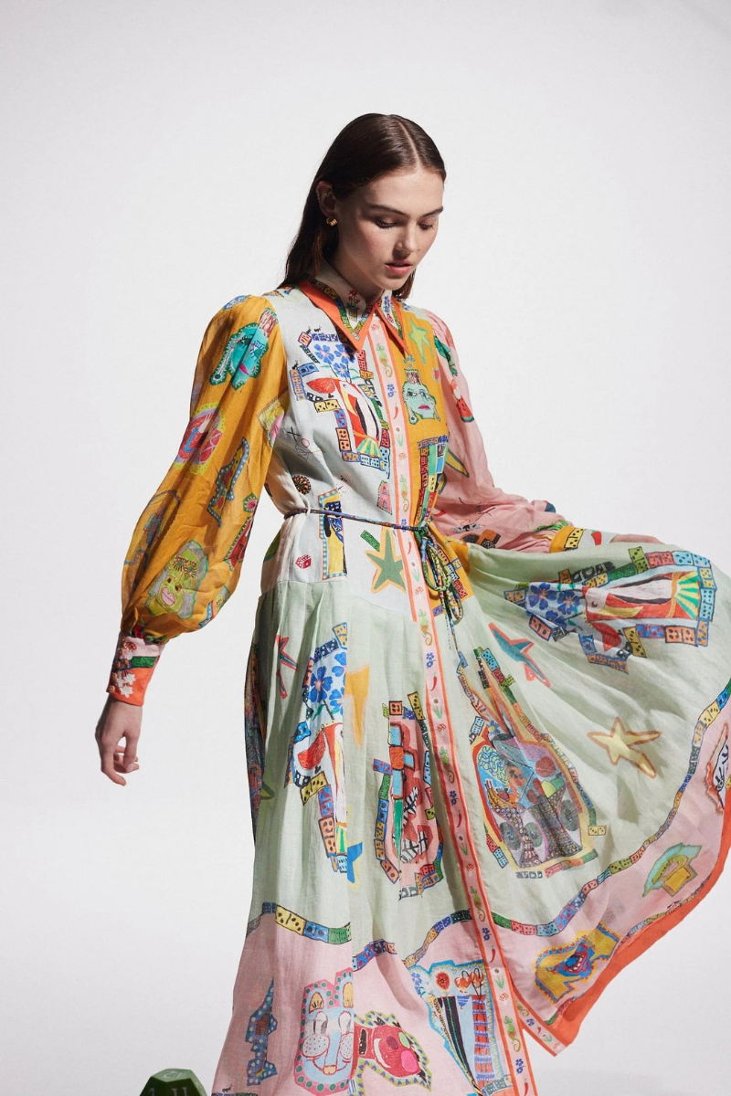 Amora™ Danielle Balon Kol Patchwork Uzun Elbise