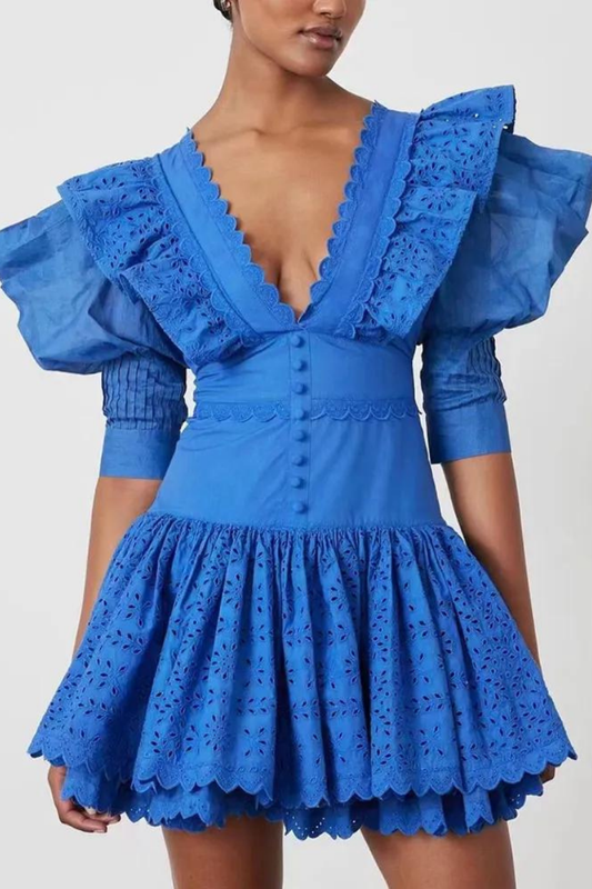 Amora™ Éloïse Ruffle Derin Yaka Sırtı Açık Mini Elbise
