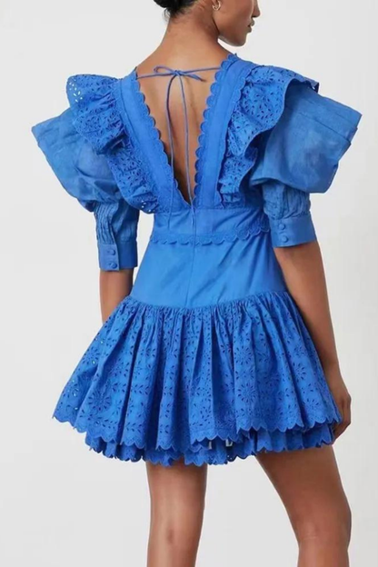 Amora™ Éloïse Ruffle Derin Yaka Sırtı Açık Mini Elbise