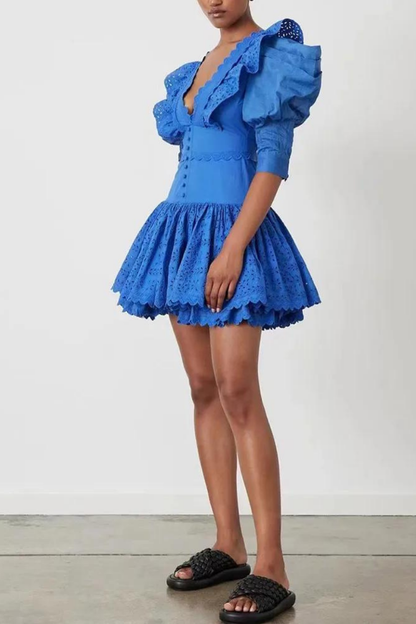 Amora™ Éloïse Ruffle Derin Yaka Sırtı Açık Mini Elbise