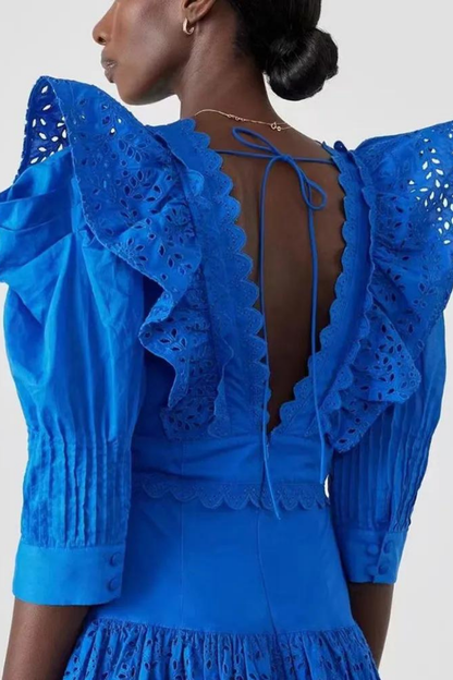 Amora™ Éloïse Ruffle Derin Yaka Sırtı Açık Mini Elbise