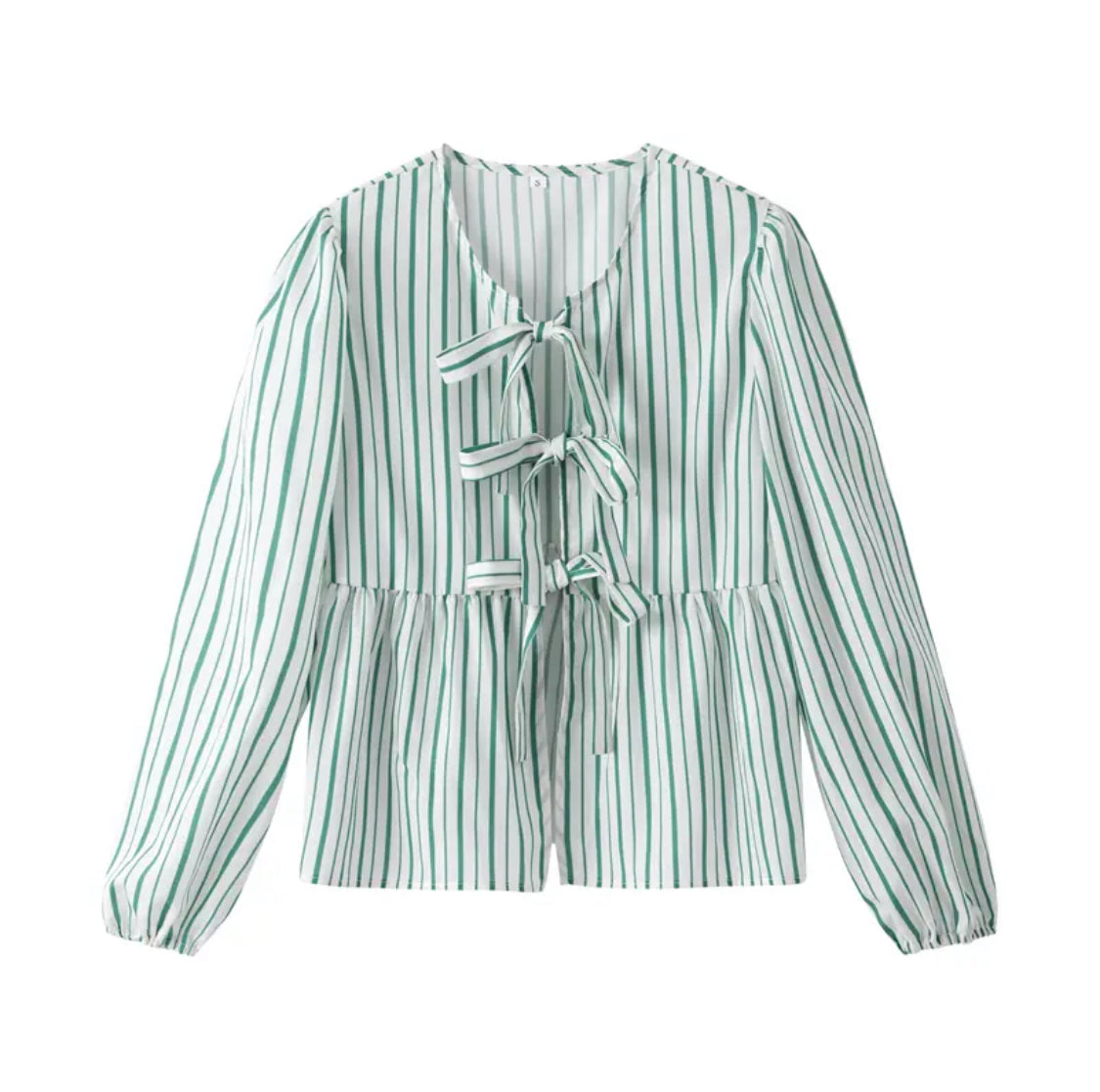 Amora™ Yeşil Çizgili Puf Kol Peplum Fiyonklu Bluz Kısa Üst