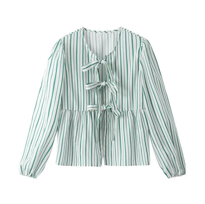 Amora™ Yeşil Çizgili Puf Kol Peplum Fiyonklu Bluz Kısa Üst