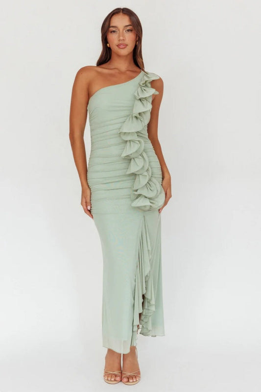 Amora™ Haven One-Shoulder Ruffle Accent Maxi Dress Sage